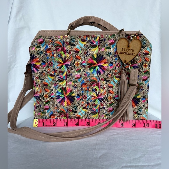Artisanal Wood and Leather Colorful Mosaic Needlepoint Crossbody Purse - Picture 8 of 11